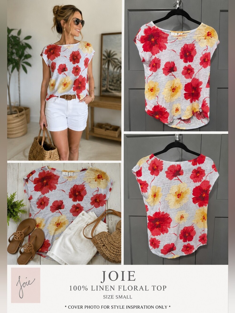 Joie 100% Linen Floral Print Short Sleeve Boat Neck Top Blouse Women's Small